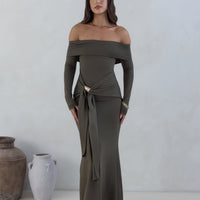 The Getaway Edit Off Shoulder Maxi Dress Olive