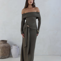 The Getaway Edit Off Shoulder Maxi Dress Olive