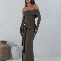 The Getaway Edit Off Shoulder Maxi Dress Olive