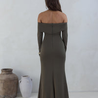 The Getaway Edit Off Shoulder Maxi Dress Olive