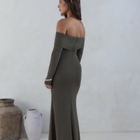 The Getaway Edit Off Shoulder Maxi Dress Olive