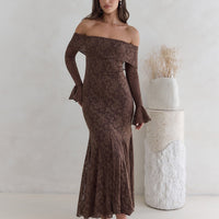 Here For Love Off Shoulder Mesh Maxi Dress Chocolate