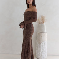 Here For Love Off Shoulder Mesh Maxi Dress Chocolate
