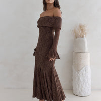 Here For Love Off Shoulder Mesh Maxi Dress Chocolate