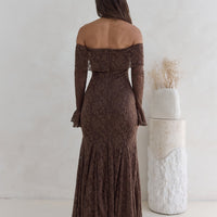 Here For Love Off Shoulder Mesh Maxi Dress Chocolate