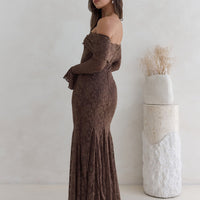 Here For Love Off Shoulder Mesh Maxi Dress Chocolate