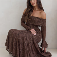 Here For Love Off Shoulder Mesh Maxi Dress Chocolate