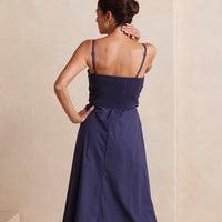 The Coastal Poplin Tie-Waist Midi Dress - Midnight