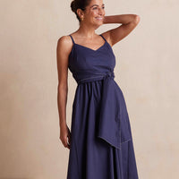 The Coastal Poplin Tie-Waist Midi Dress - Midnight