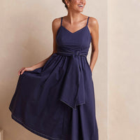 The Coastal Poplin Tie-Waist Midi Dress - Midnight