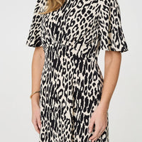 Animal Print 1/2 Flare Sleeve Midi Dress