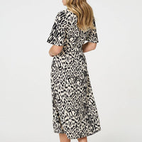 Animal Print 1/2 Flare Sleeve Midi Dress
