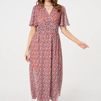 Printed 1/2 Sleeve Ruched Midi Dress