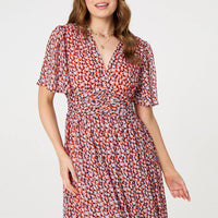 Printed 1/2 Sleeve Ruched Midi Dress