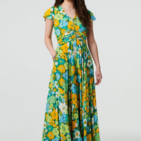 Floral Ruched Cap Sleeve Maxi Dress