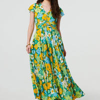 Floral Ruched Cap Sleeve Maxi Dress