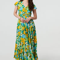 Floral Ruched Cap Sleeve Maxi Dress