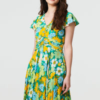 Floral Ruched Cap Sleeve Maxi Dress