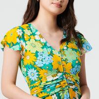 Floral Ruched Cap Sleeve Maxi Dress