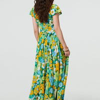 Floral Ruched Cap Sleeve Maxi Dress