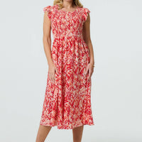 Floral Ruffled Cap Sleeve Midi Dress