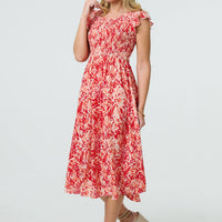 Floral Ruffled Cap Sleeve Midi Dress