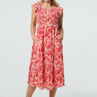 Floral Ruffled Cap Sleeve Midi Dress
