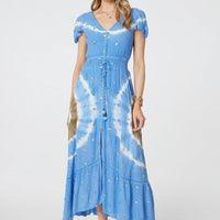 Tie Dye Print Shirred Tie Waist Midi Dress