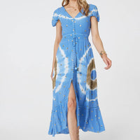 Tie Dye Print Shirred Tie Waist Midi Dress
