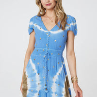 Tie Dye Print Shirred Tie Waist Midi Dress