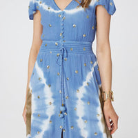 Tie Dye Print Shirred Tie Waist Midi Dress