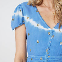 Tie Dye Print Shirred Tie Waist Midi Dress