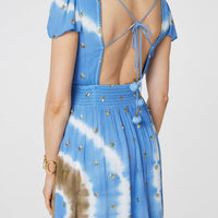 Tie Dye Print Shirred Tie Waist Midi Dress