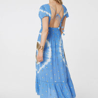 Tie Dye Print Shirred Tie Waist Midi Dress