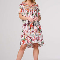 Tropical Print Tie Neck Knee Length Dress