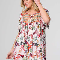Tropical Print Tie Neck Knee Length Dress