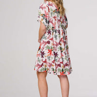 Tropical Print Tie Neck Knee Length Dress