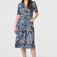Abstract Ruched 1/2 Sleeve Midi Dress