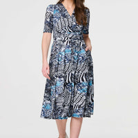 Abstract Ruched 1/2 Sleeve Midi Dress