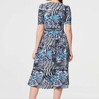 Abstract Ruched 1/2 Sleeve Midi Dress