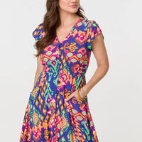 Ikat Print Lace Trim Midi Smock Dress