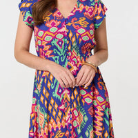 Ikat Print Lace Trim Midi Smock Dress