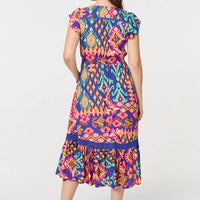 Ikat Print Lace Trim Midi Smock Dress