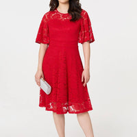 Lace Overlay Knee Length Skater Dress