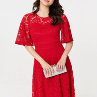 Lace Overlay Knee Length Skater Dress