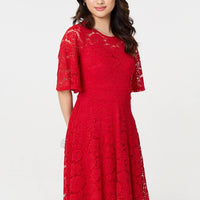 Lace Overlay Knee Length Skater Dress