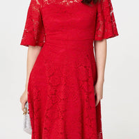 Lace Overlay Knee Length Skater Dress