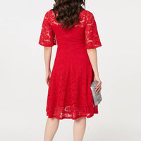 Lace Overlay Knee Length Skater Dress