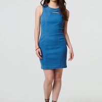 Cut-Out Detail Sleeveless Denim Mini Dress
