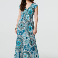 Mosaic Print Cap Sleeve Empire Maxi Dress